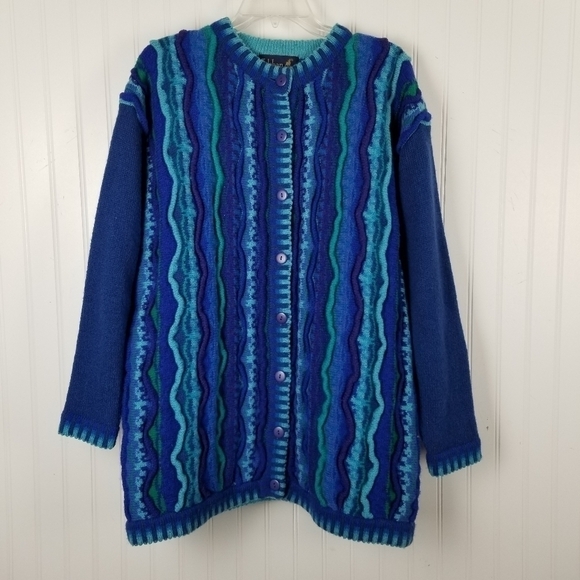 Tulchan Men's Coogi Style Vintage Wool Cardigan Sweater 3D Blue Green Size S/M - Picture 13 of 14